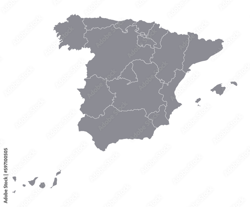 Map of Spain on grey color administrative map