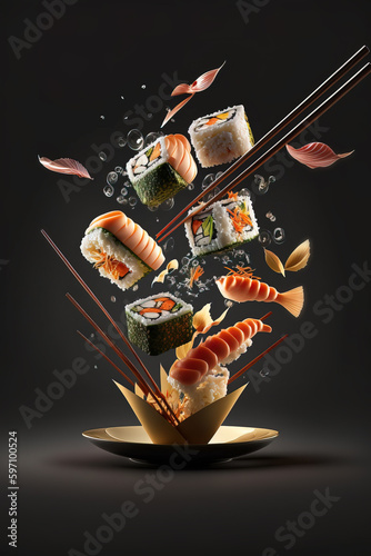 Sushi pieces and chopsticks for sushi flying in air. Generative AI