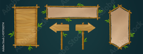 Wooden bamboo sign board frame game ui vector set. Wooden signboard with rope on stick and border isolated tropical illustration. Hawaiian empty menu panel layout for message or notification