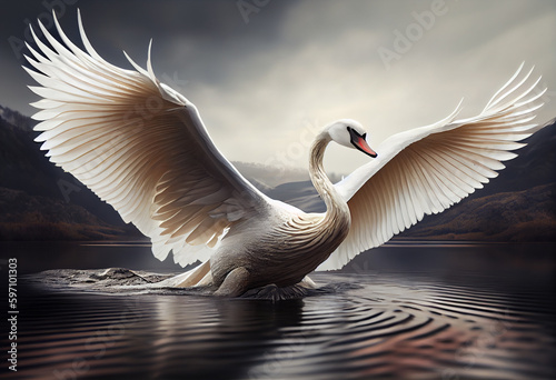 Fototapeta Naklejka Na Ścianę i Meble -  A graceful swan with wings gracefully spread, gliding across a serene lake. Generative AI technology.