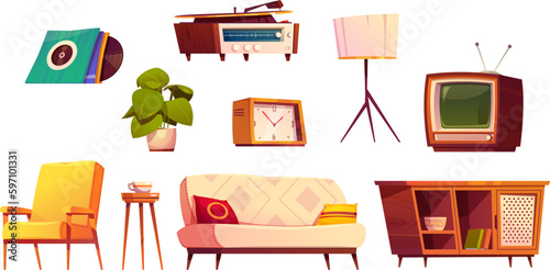 Retro furniture for home interior. Vintage sofa, armchair, old tv, record player, floor lamp, vinyl records and clock isolated on white background, vector cartoon set