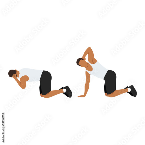 Man doing exercise in thoracic rotation pose or quadruped rotation. Flat vector