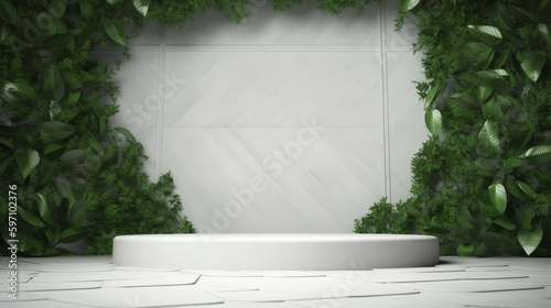 Minimal scene with white podium and green plants. 3D rendering