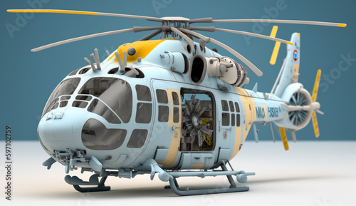 A 3d model of a helicopter isolated on a pastel background