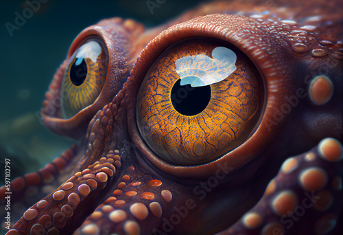 The octopus's large, round eyes gave it a curious, almost alien-like appearance. Generative AI technology.