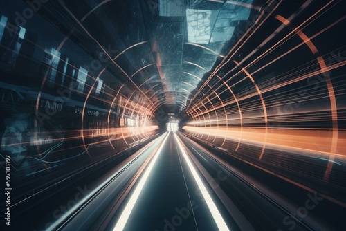 Urban backdrop with futuristic train tunnel in motion. Generative AI