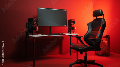 Modern 3d illustration of gaming room with all accessories, Gaming chair, Gaming PC, gradient background