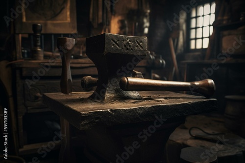 Heavy anvil with hammer standing on floor in blacksmith shop. Generative AI