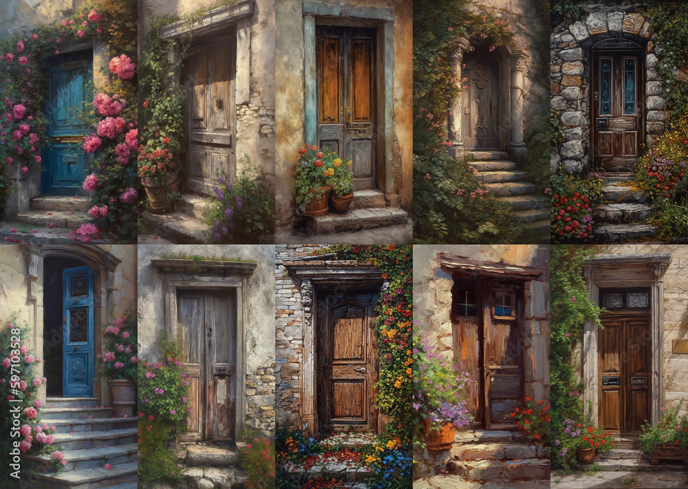 Fototapeta premium Set of vertical backgrounds for mobile phone with beautiful front door of old house with colorful flowers