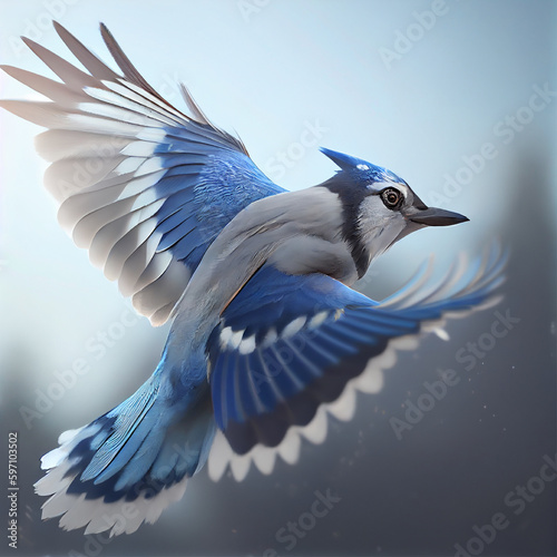 Blue jay flying | Blue jay bird in the sky | Generative AI | Hyper realistic | Photo-realism | Digital art