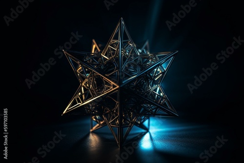 Luminous 3D double tetrahedron star in dark background inspired by sacred geometry. Generative AI photo