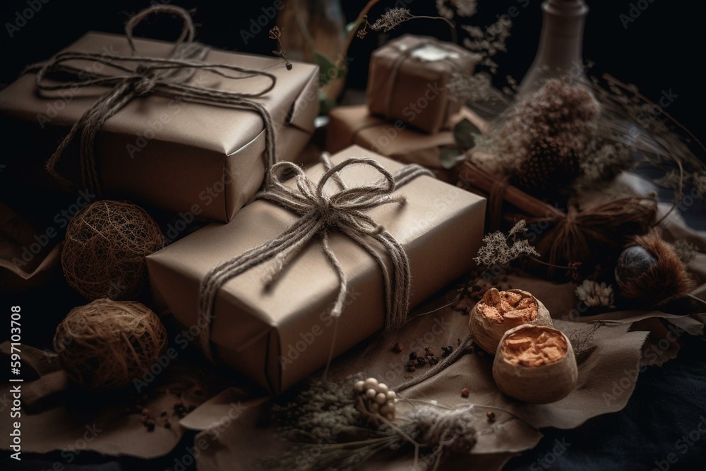 Gifts wrapped in brown paper with natural adornments. Generative AI