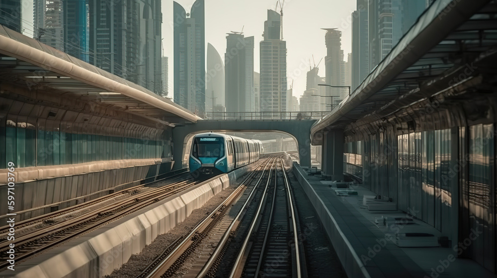 Metro railway among glass skyscrapers in Dubai. Traffic on street in Dubai - Generative AI