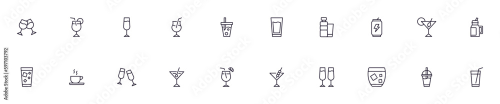 Drinks concept. Collection of modern high quality drink line icons. Editable stroke. Premium linear symbol for web sites, flyers, banners, online shops and companies. Drinks concept. Collection of modern high quality drink line icons. Editable stroke. Premium linear symbol for web sites, flyers, banners, online shops and companies.