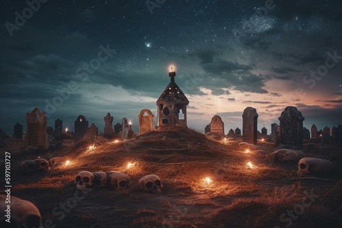 Spooky graveyard scene with skull-adorned tombs, fiery clouds, and starry sky. Perfect for Halloween. Generative AI