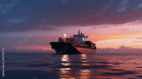 Logistics and transportation of International Container Cargo ships in the ocean at twilight sky, Freight Transportation - Generative AI