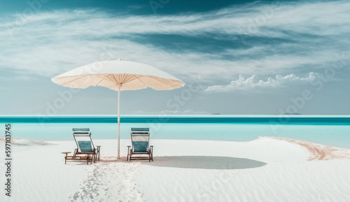 Beach chairs and umbrella on tropical beach at Maldives. 3d rendering