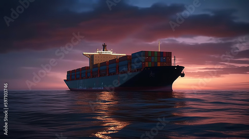 Logistics and transportation of International Container Cargo ships in the ocean at twilight sky, Freight Transportation - Generative AI