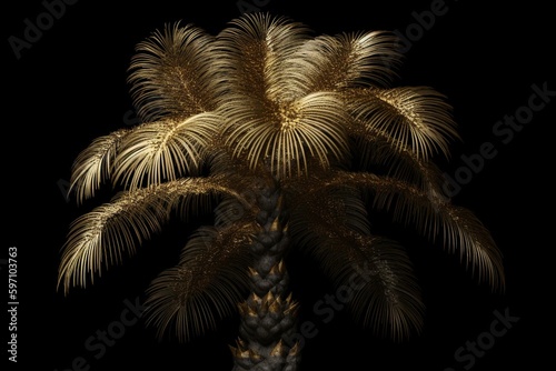 Front view of a 3D modeled golden cane palm tree as transparent PNG for compositing. Generative AI