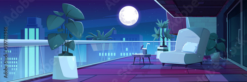 Night terrace interior with armchair and cocktail. Magic sparkle and full moon light panoramic city skyscraper view from apartment balcony cartoon background. Modern urban patio design illustration