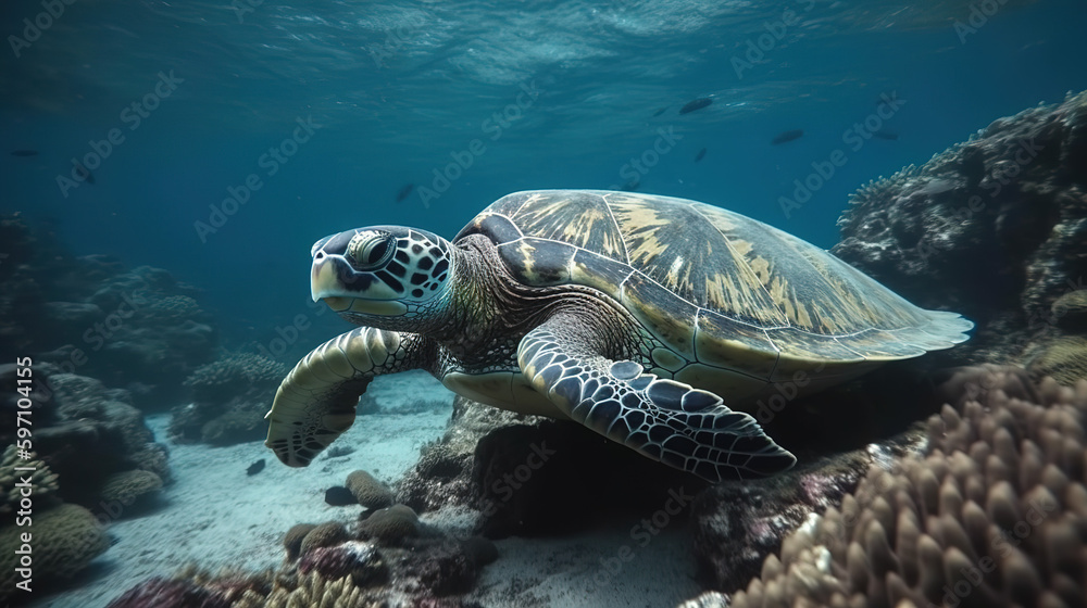 Obraz premium Sea turtle swimming in undersea, Beautiful Underwater and colorful coral in the wild nature of the Pacific Ocean - Generative AI