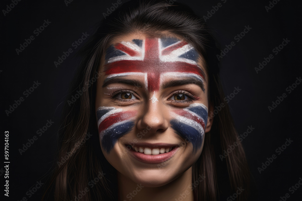 Portrait of a happy woman with her face painted in Union jack Great britain flag. Generative ai Portrait of a happy woman with her face painted in Union jack Great britain flag. Generative ai