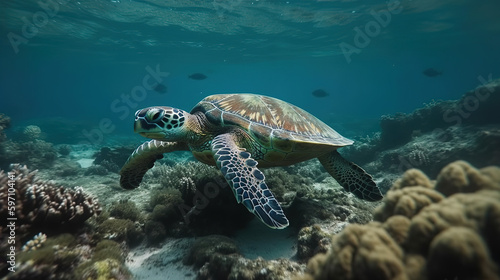 Sea turtle swimming in undersea  Beautiful Underwater and colorful coral in the wild nature of the Pacific Ocean - Generative AI