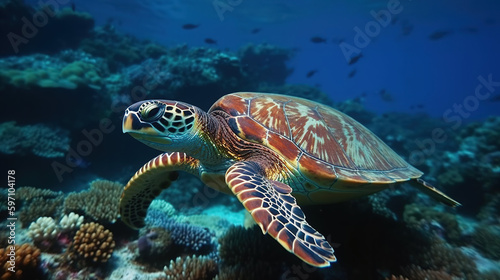 Sea turtle swimming in undersea, Beautiful Underwater and colorful coral in the wild nature of the Pacific Ocean - Generative AI