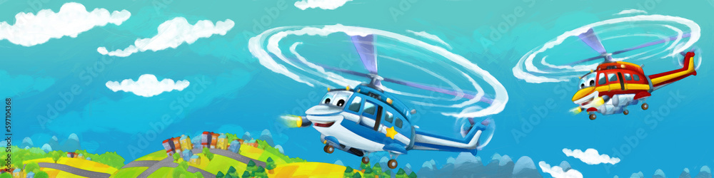 cartoon happy scene with helicopter flying in city artistic painting scene