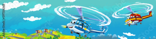 cartoon happy scene with helicopter flying in city artistic painting scene