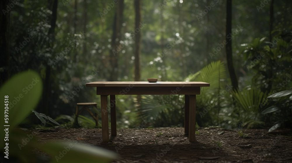 An empty wooden table placed in front of a tropical forest background, rendered in 3D