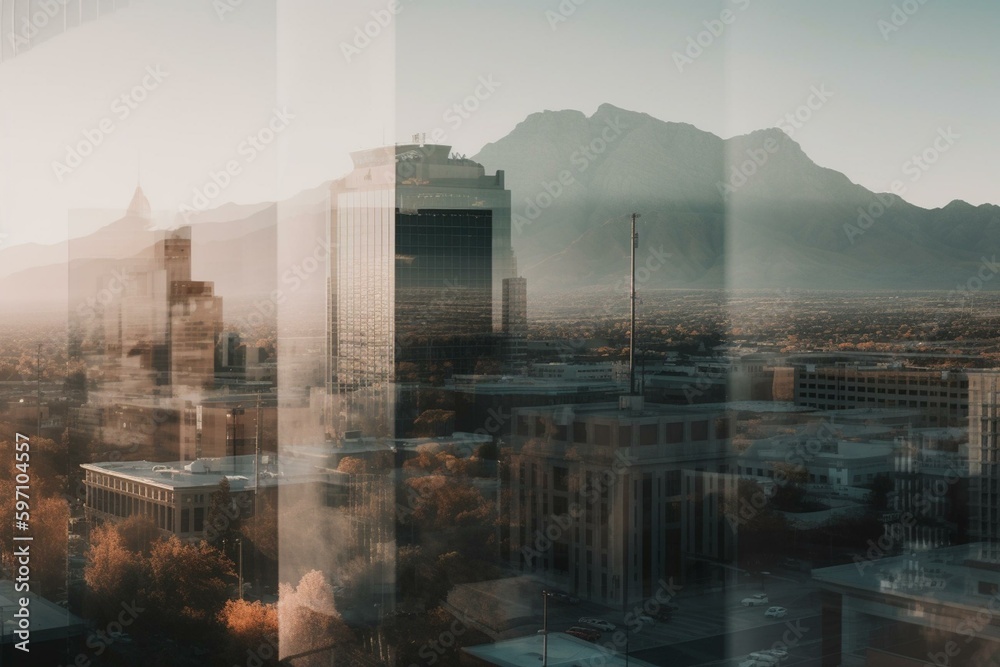 Gradient layers reveal SLC. Cityscape with iconic landmarks emerge through transparency. Generative AI