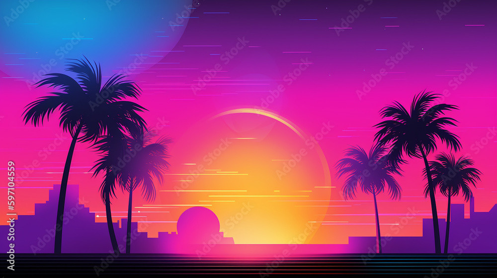 Palm trees silhouetted against a colorful tropical sunset