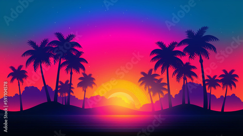 Palm trees silhouetted against a colorful tropical sunset © Sufyan