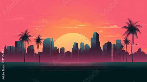 Modern buildings silhouetted against a colorful tropical sunset