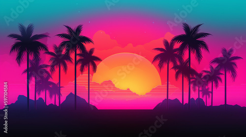 Palm trees silhouetted against a colorful tropical sunset © Sufyan