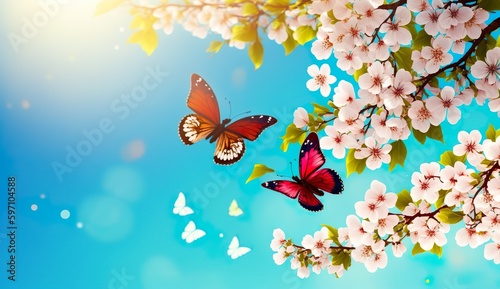 A Dreamy and Romantic Spring Banner Featuring Blossoming Cherry Branches Against a Blue Sky  generative Ai