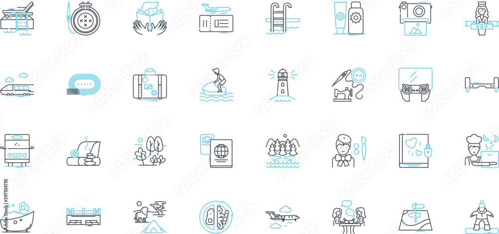 Summer trip linear icons set. Beach, Adventure, Relaxation, Exploration, Camping, Hiking, Roadtrip line vector and concept signs. Watersports,BBQ,Lakeside outline illustrations Generative AI