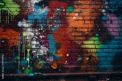 Colorful patterns & textures of sprayed paint on grungy brick wall, urban graffiti art. Generative AI