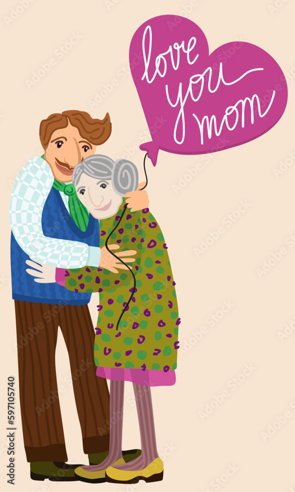 Love you, mom. Son embraces his mother and holds a balloon with lettering. Mother's Day concept. Vector isolated illustration. Love you, mom. Son embraces his mother and holds a balloon with lettering. Mother's Day concept. Vector isolated illustration.