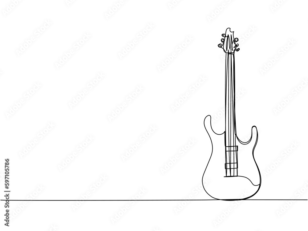 Electric guitar one line art. Continuous line drawing of musical, equipment, song, guitar, electric, melody, rock, volume, chord, bass, acoustic