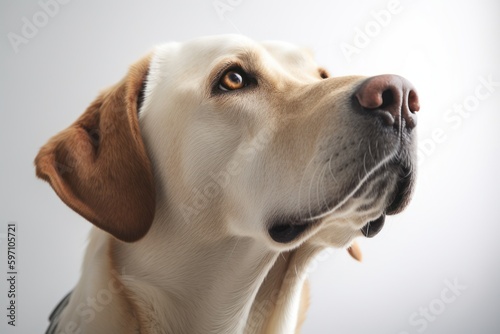 Medium shot portrait photography of a curious labrador retriever sniffing against a white background. With generative AI technology