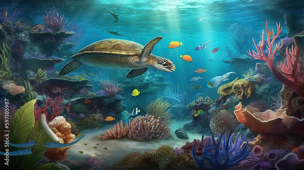 Naklejka premium A beautiful illustration under the sea with colorful fish, aquatic plants and corals