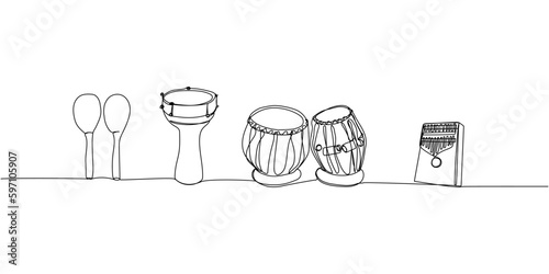African musical instruments set one line art. Continuous line drawing of drums, maracas, darbuka, bongos, kalimba, doumbek