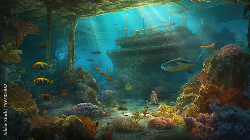 A beautiful illustration under the sea with colorful fish  aquatic plants and corals