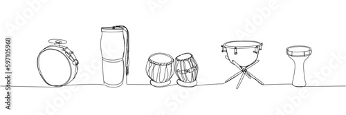 Drums set one line art. Continuous line drawing of play, drum, timpani, tulumbas, buhai, darbuka, bongos, big drum, buhalo and cymbal, music, song, band, percussion bass musician