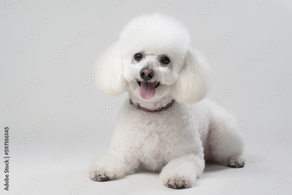 Medium shot portrait photography of a happy poodle sitting against a white background. With generative AI technology