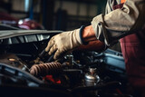 Professional mechanic  working on the engine of the car in the garage.  Car repair service. Ai generative