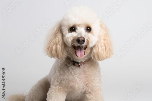 Medium shot portrait photography of a happy poodle sitting against a white background. With generative AI technology photo