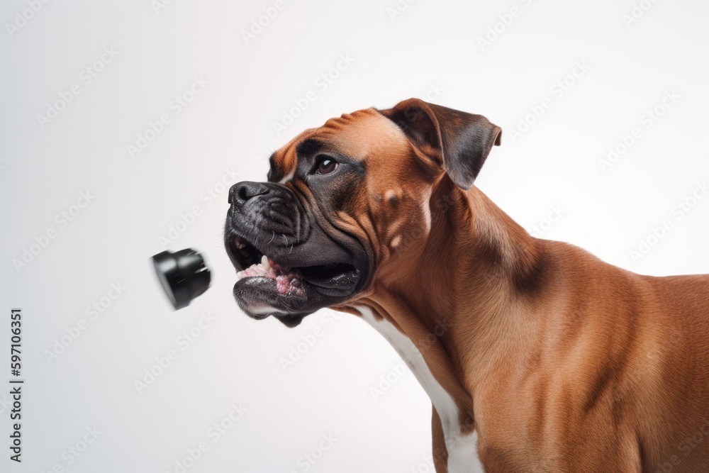 Lifestyle portrait photography of an aggressive boxer dog playing with a laser pointer against a white background. With generative AI technology